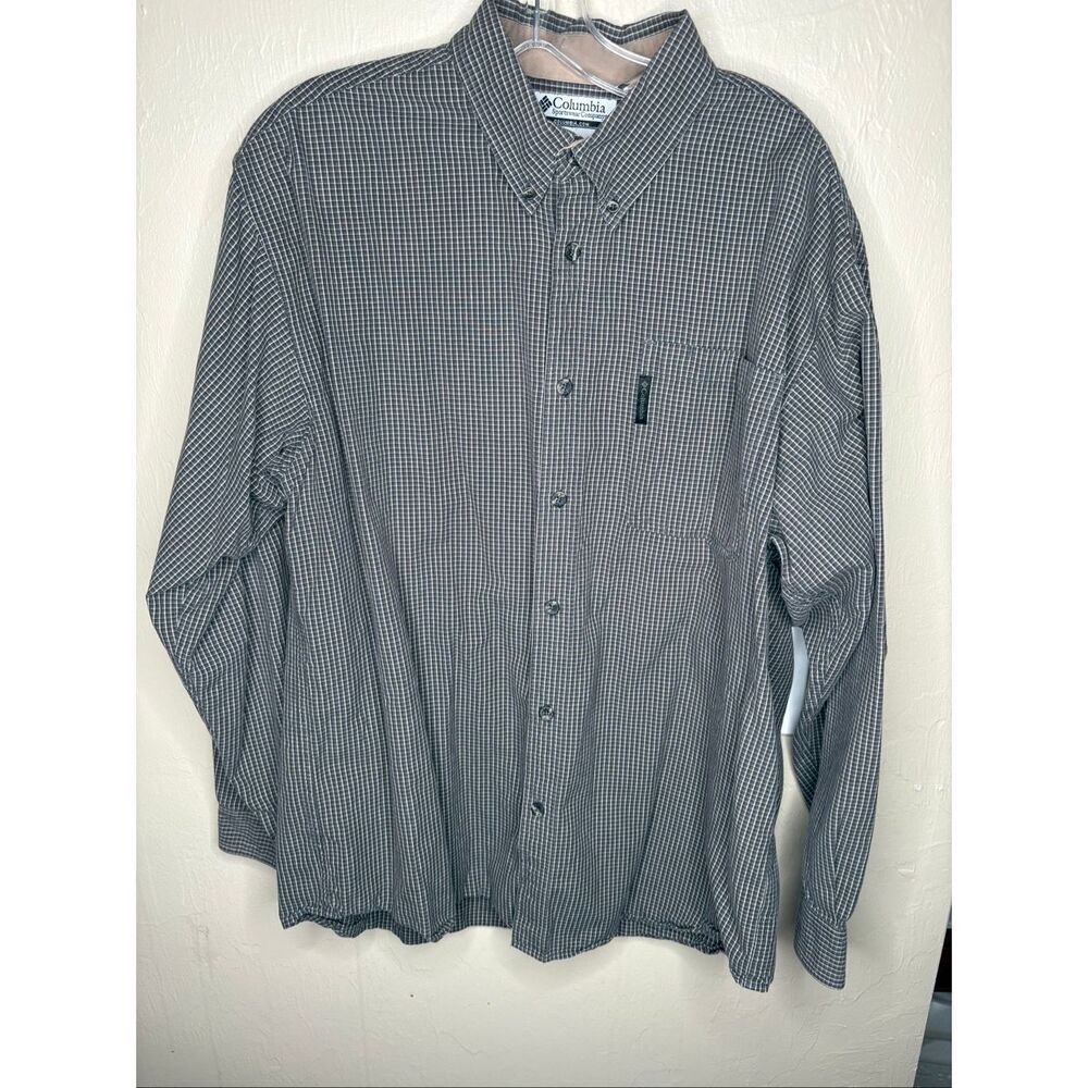 Columbia Sportswear Men's Gray & White Check Button Down 100% Cotton Shirt Long
